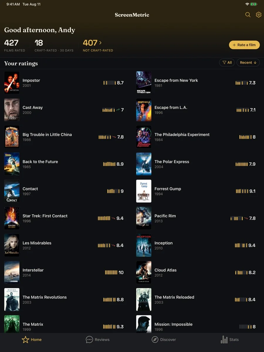 Home on iPad showing your rated films in two columns, each with its score and a ten-bar craft fingerprint