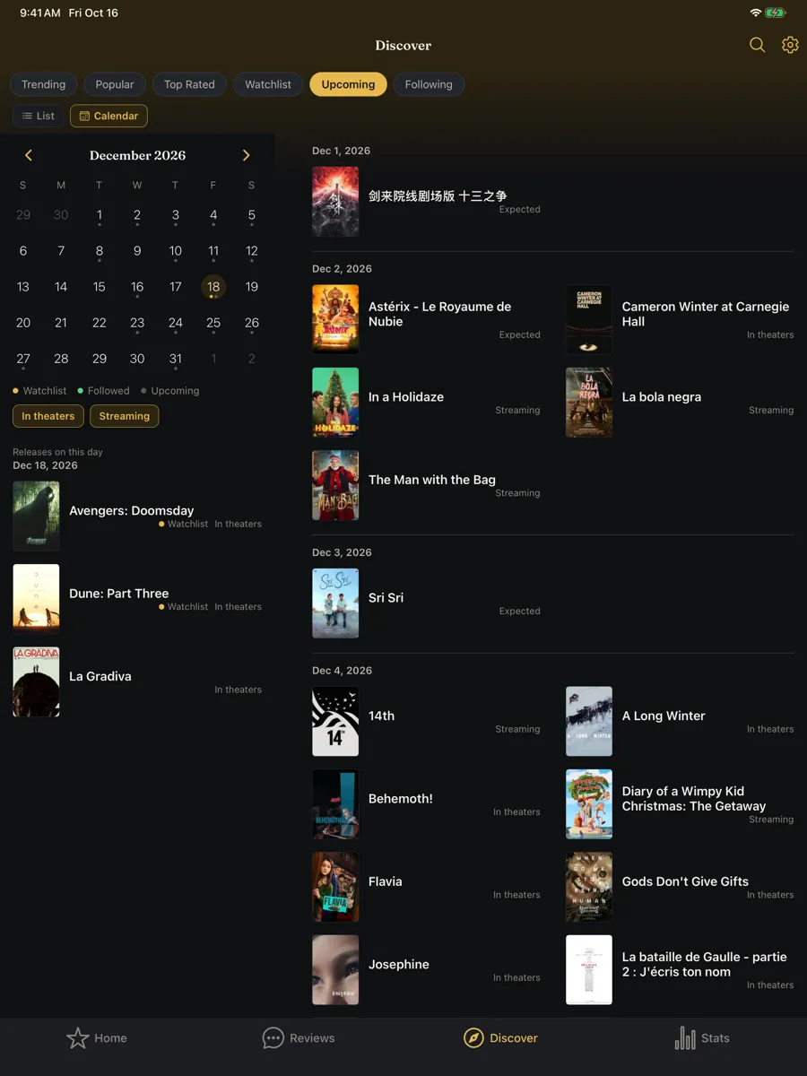 The release calendar on iPad: December's grid on the left with the films out on the 18th listed under it, and the month's releases two across on the right