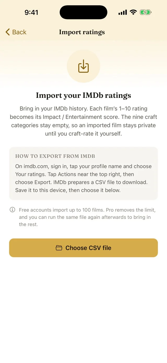 Import screen explaining how to export your ratings from IMDb and choose the CSV file
