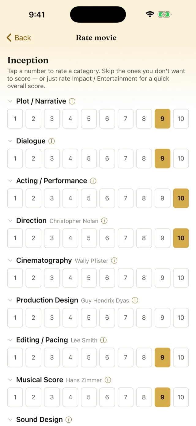 The rating screen for Inception, with a row of buttons from 1 to 10 under each category and the credited crew named beside their craft