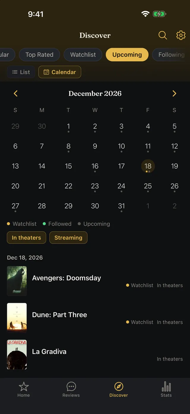 The release calendar for December, with Avengers: Doomsday and Dune: Part Three marked as on your watchlist