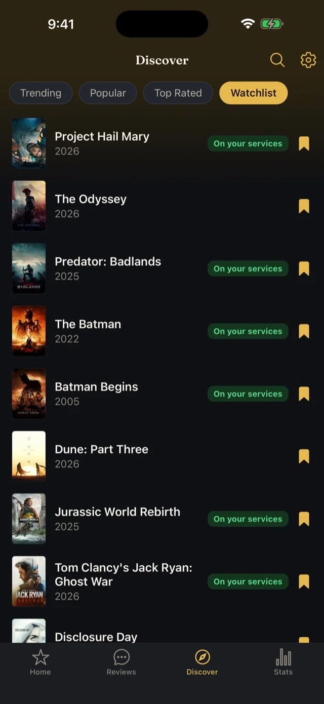 Watchlist screen with films tagged as available on your streaming services